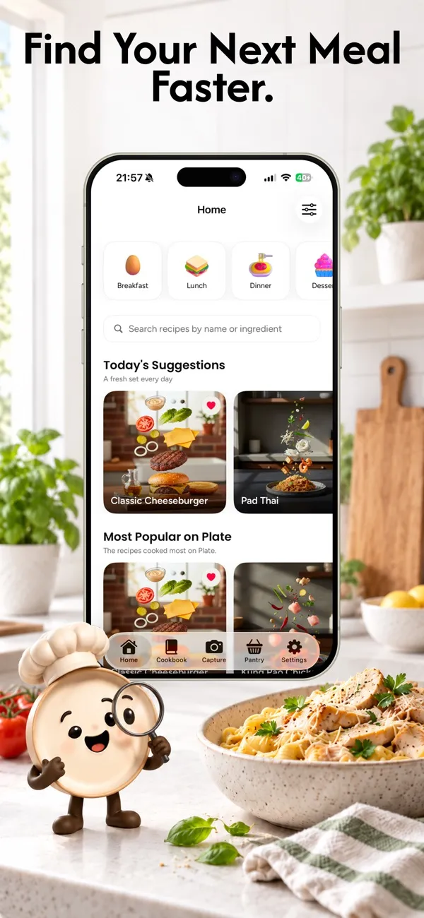 Plate's Home tab with meal categories, a recipe search bar, Today's Suggestions and a row of popular recipes