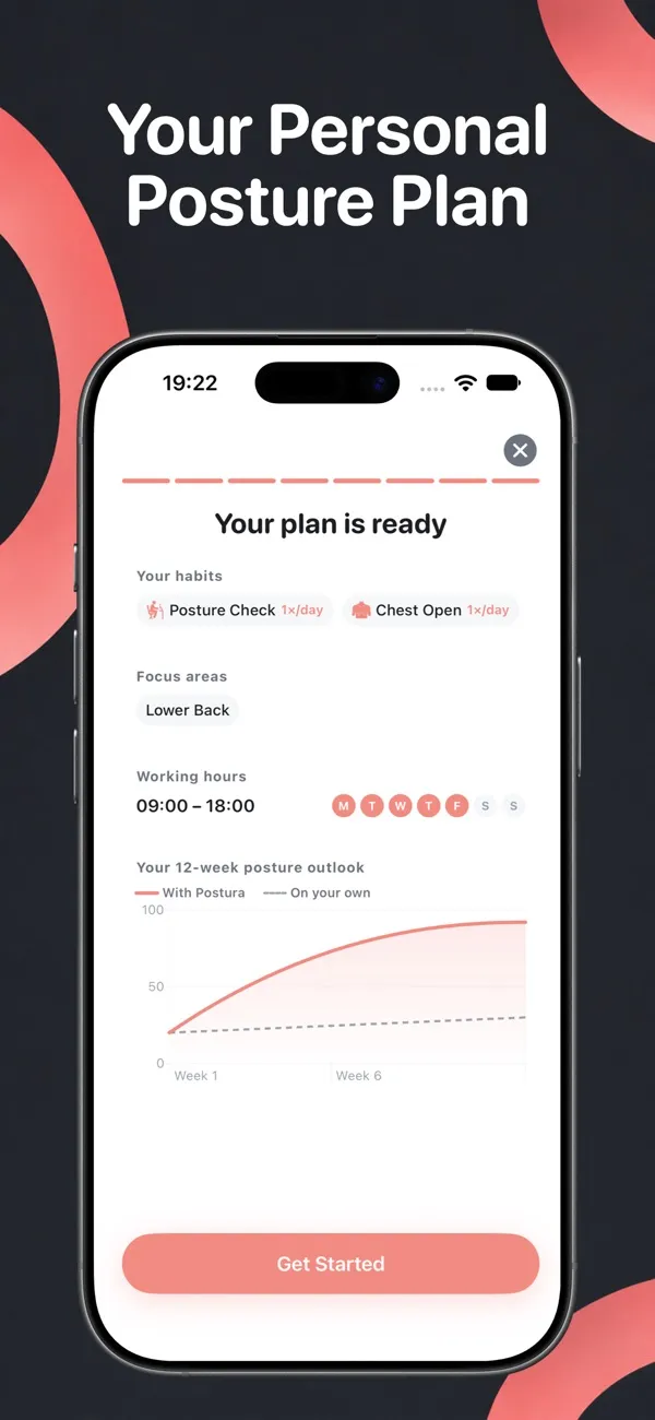 Postura personal plan screen listing Posture Check and Chest Open as daily habits, Lower Back as a focus area, working hours from 09:00 to 18:00 and a 12-week outlook chart