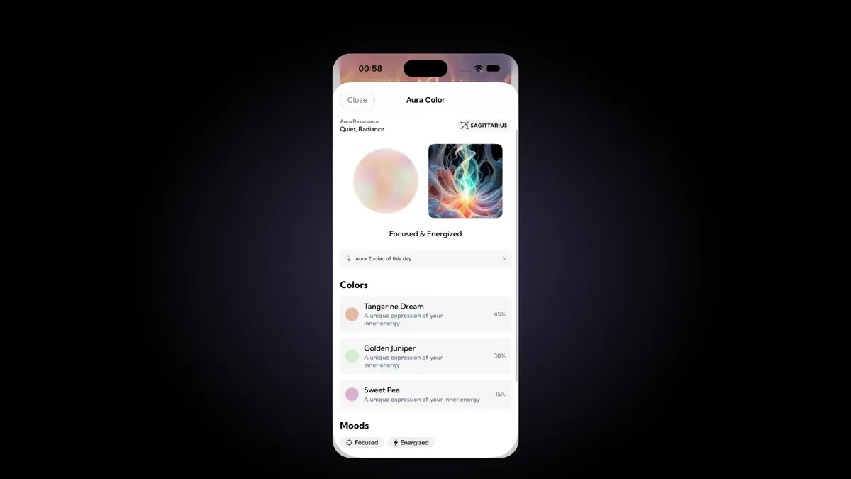 The Aura Color screen in Aura: a soft peach sphere beside a swirling teal and orange artwork, labeled Focused & Energized, above a Colors list of Tangerine Dream at 45 percent, Golden Juniper at 30 percent and Sweet Pea at 15 percent