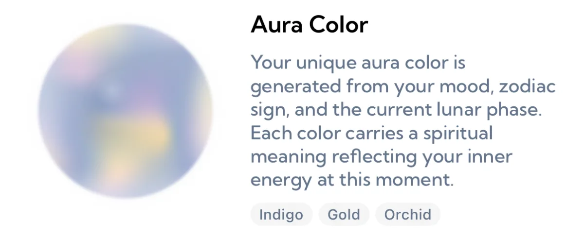 An Aura onboarding card titled Aura Color beside a blurred pastel sphere in lavender, blue and yellow, explaining that your aura color is generated from your mood, zodiac sign and the current lunar phase, with the tags Indigo, Gold and Orchid