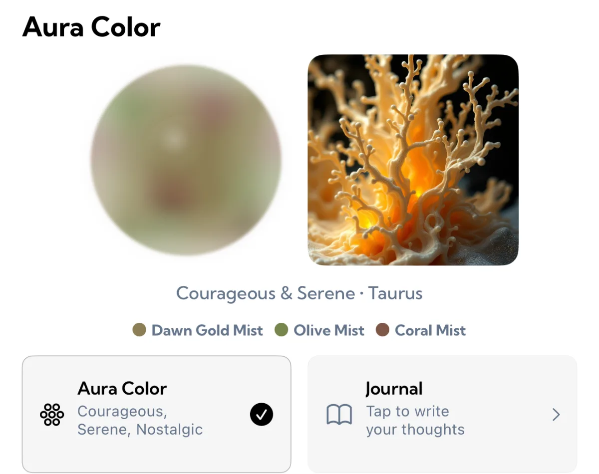 The Aura Color section of the Generate screen in Aura: a blurred sphere of muted green and dusty rose beside a glowing orange, coral-like artwork, labeled Courageous and Serene, Taurus, with the colors Dawn Gold Mist, Olive Mist and Coral Mist, above cards for Aura Color and Journal