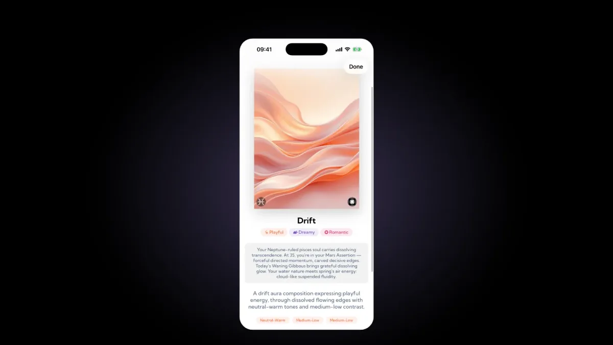 An Aura Vision artwork called Drift in the Aura app: soft peach and coral waves on a pale background, with mood tags Playful, Dreamy and Romantic above a short written description of the piece