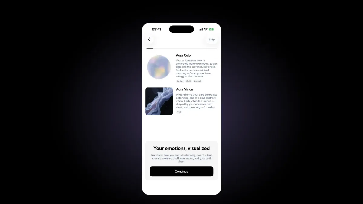 Aura's onboarding screen: an Aura Color section with a soft blue, lilac and yellow sphere saying the color is generated from your mood, zodiac sign and the current lunar phase, an Aura Vision section with a flowing blue artwork, and a card titled Your emotions, visualized with a Continue button