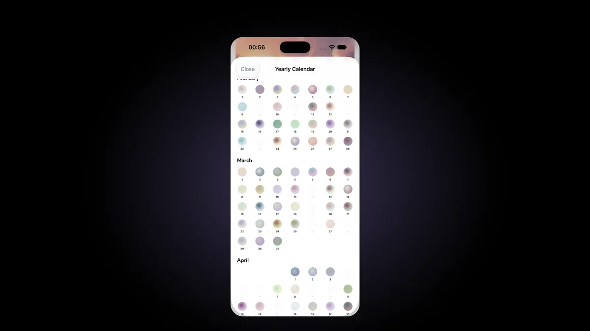 The Yearly Calendar screen in Aura: February, March and April laid out as grids of small soft-colored circles, one per day, in peach, lilac, mint, slate blue and gray tones, with a few days left blank