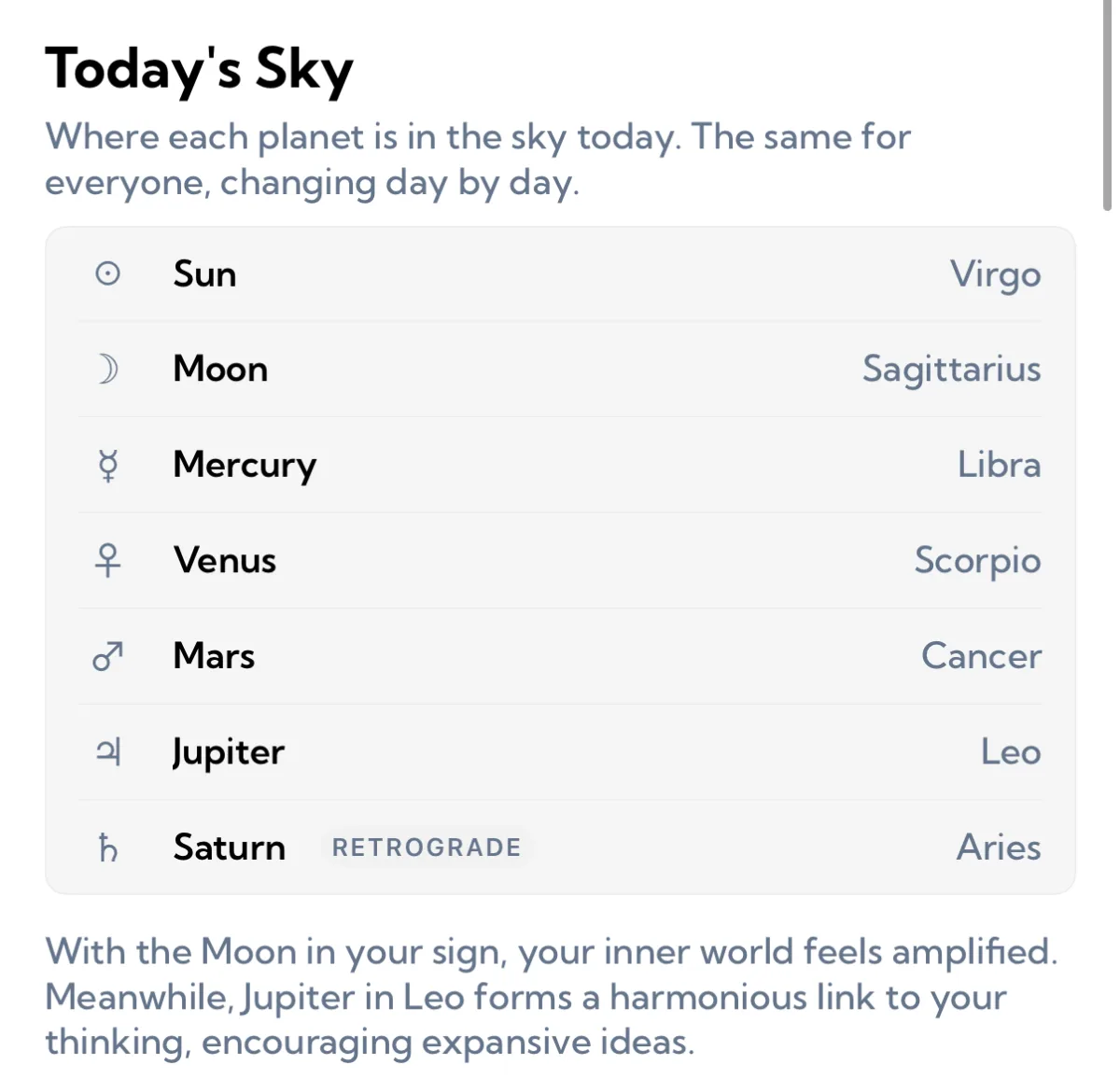 Aura's Today's Sky list placing the Sun in Virgo, the Moon in Sagittarius, Mercury in Libra, Venus in Scorpio, Mars in Cancer, Jupiter in Leo and Saturn in Aries, with a Retrograde label next to Saturn