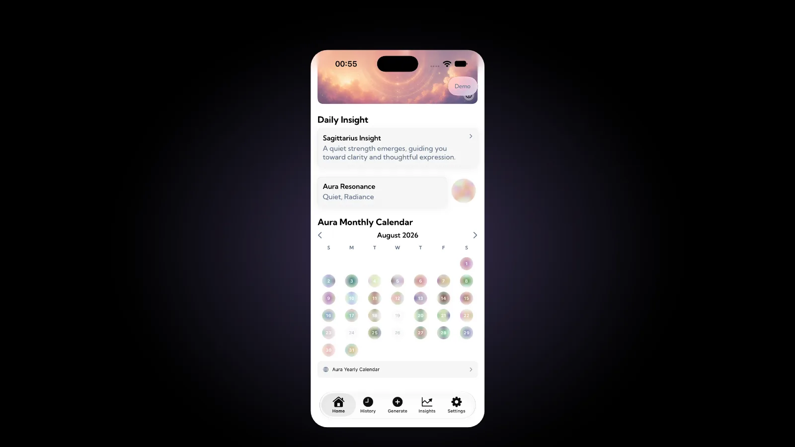 The Aura Home screen with a Daily Insight card, an Aura Resonance card reading Quiet, Radiance, and the Aura Monthly Calendar for August 2026, where each day is a soft colored circle and a few days are left blank