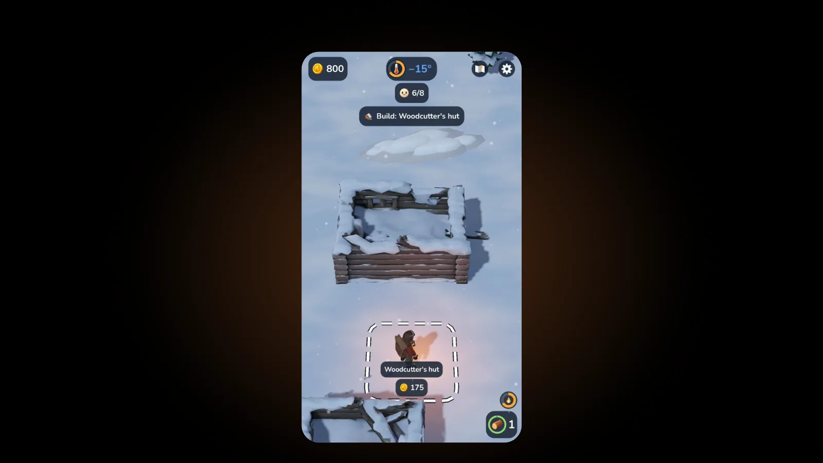 The hero stands in a dashed build zone labelled Woodcutter's hut with a price of 175 coins, in front of a snowed-in ruined hut, with 800 coins, 6 of 8 villagers and the goal Build: Woodcutter's hut at the top of the screen