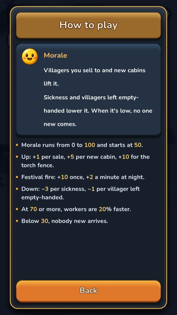 The in-game How to play page for Morale, listing what raises and lowers morale and what happens at 70 or more and below 30, with a smiling face icon