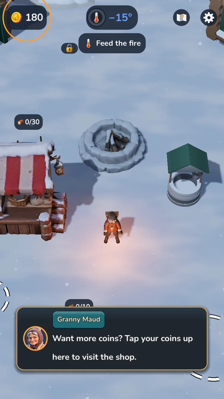 Granny Maud's speech box at the bottom of the play screen says: Want more coins? Tap your coins up here to visit the shop. An orange ring circles the coin counter, which shows 180, at the top left