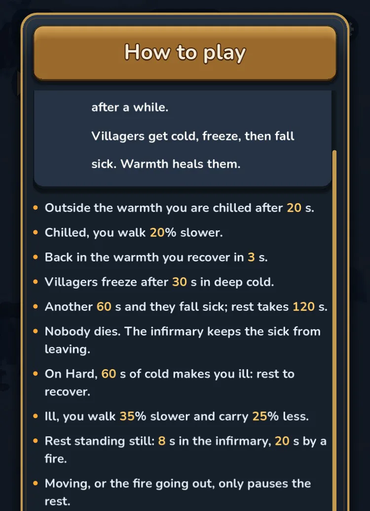 The EmberFrost How to play page for the cold, with rules such as: villagers freeze after 30 seconds in deep cold, nobody dies, the infirmary keeps the sick from leaving, and on Hard 60 seconds of cold makes you ill