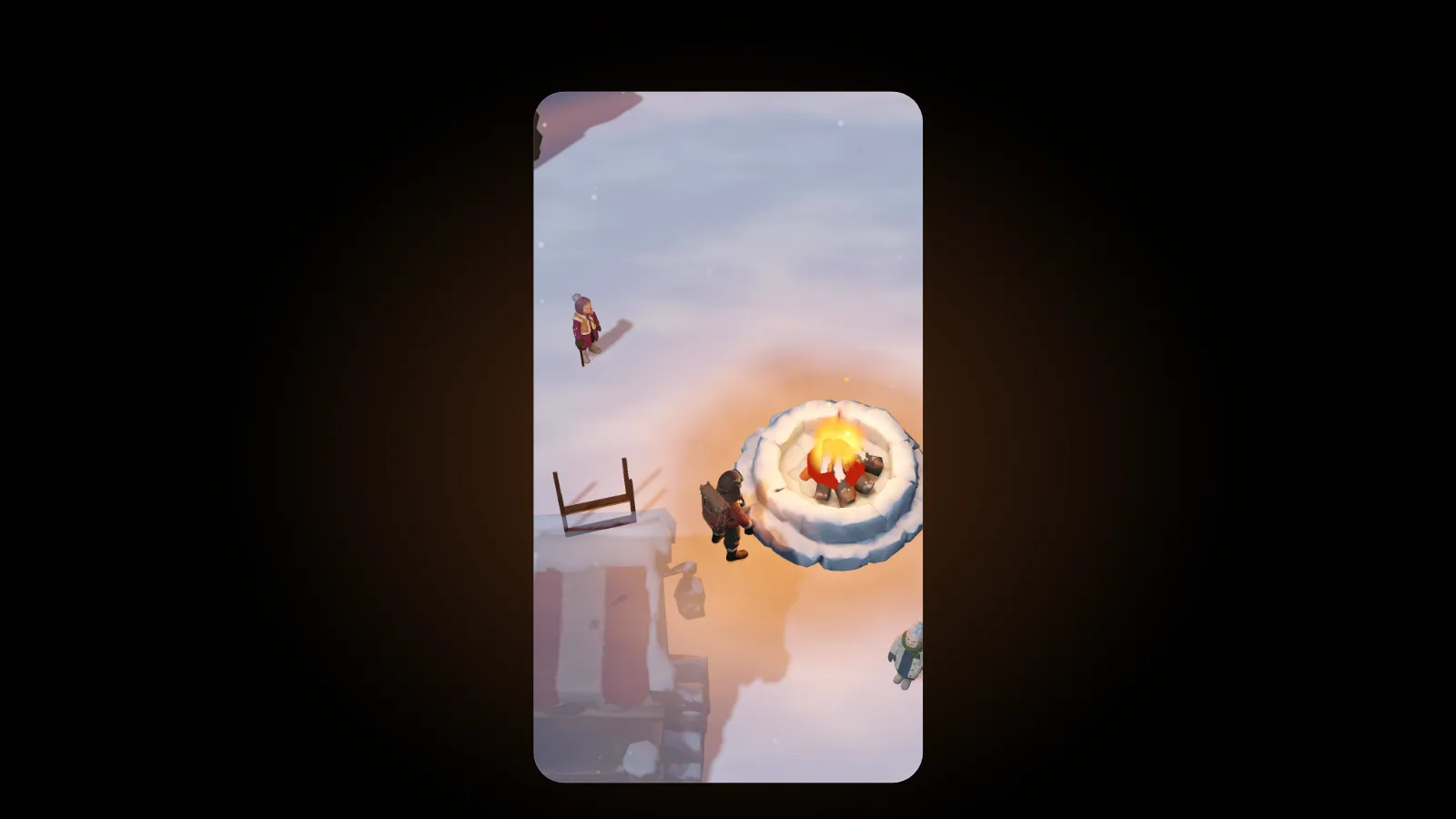 The hero, wearing a pack frame, stands at the stone fire pit as it burns, beside the striped roof of the market stall, while two villagers wait in the snow