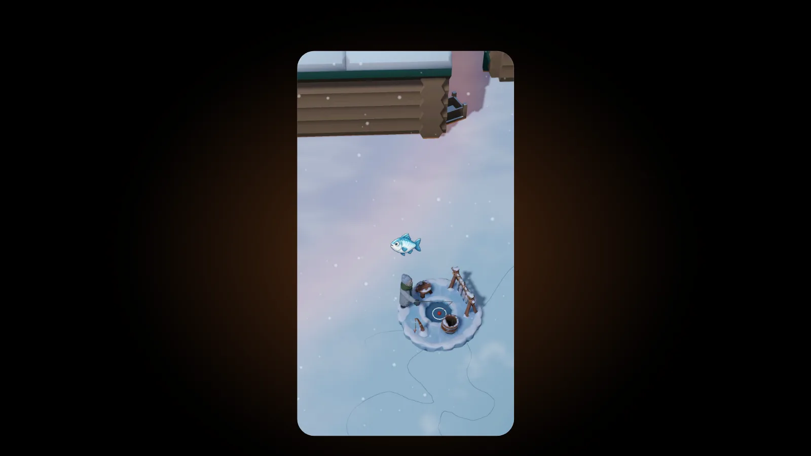 A fisher sits by the ice fishing hole on the frozen lake, next to a wooden rack and a bucket, as a fish leaps into the air above the hole