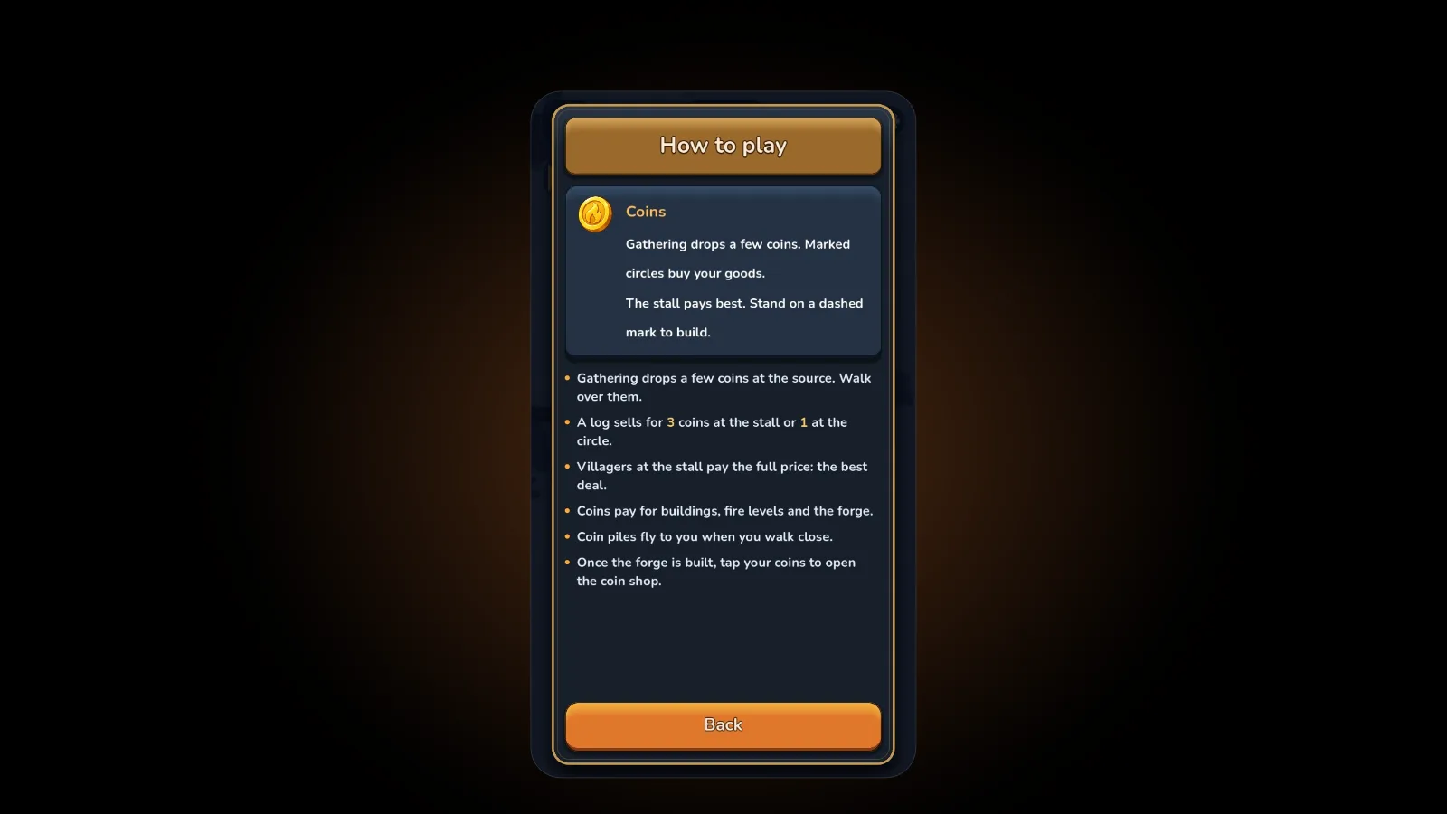 The in-game How to play page for coins: gathering drops a few coins at the source, a log sells for 3 coins at the stall or 1 at the circle, villagers at the stall pay the full price, and coins pay for buildings, fire levels and the forge