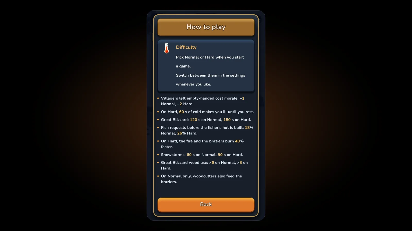 The in-game How to play page for Difficulty, listing what changes between Normal and Hard: morale, illness, storm and blizzard length, fish requests, fire speed and woodcutters