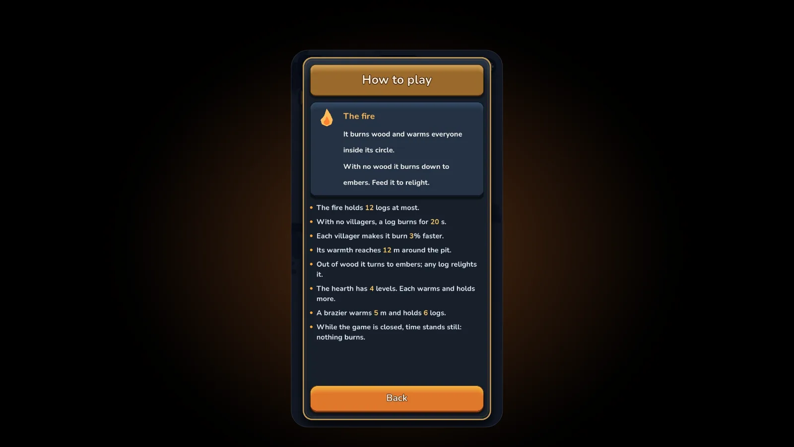 The in-game How to play page for the fire, listing that it holds 12 logs, that a log burns for 20 seconds, that its warmth reaches 12 metres, and the line: While the game is closed, time stands still: nothing burns