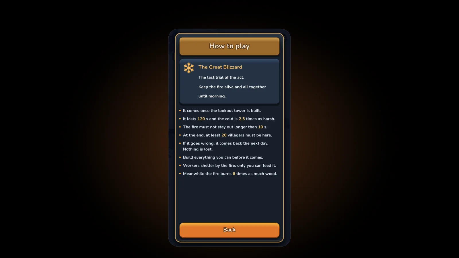 The in-game How to play page for the Great Blizzard: it comes once the lookout tower is built, lasts 120 seconds with cold 2.5 times as harsh, the fire must not stay out longer than 10 seconds, at least 20 villagers must be there at the end, and if it goes wrong it comes back the next day