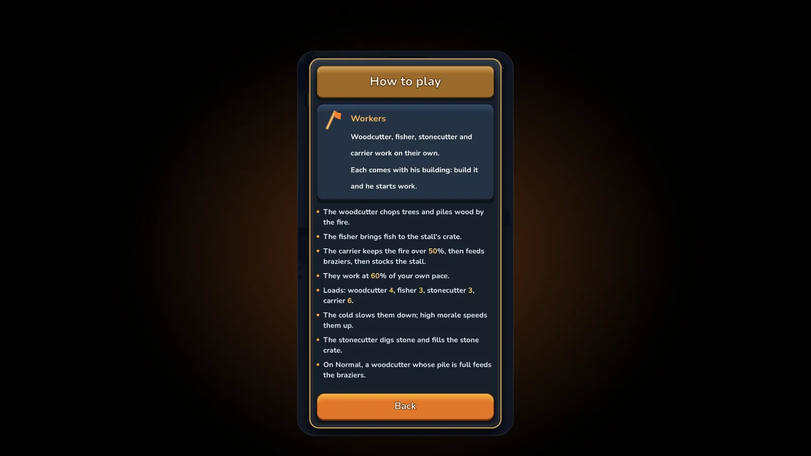 The in-game How to play page for workers: the woodcutter piles wood by the fire, the fisher fills the stall's fish crate, the carrier keeps the fire over 50% before feeding braziers and the stall, workers work at 60% of your pace, and their loads are 4, 3, 3 and 6