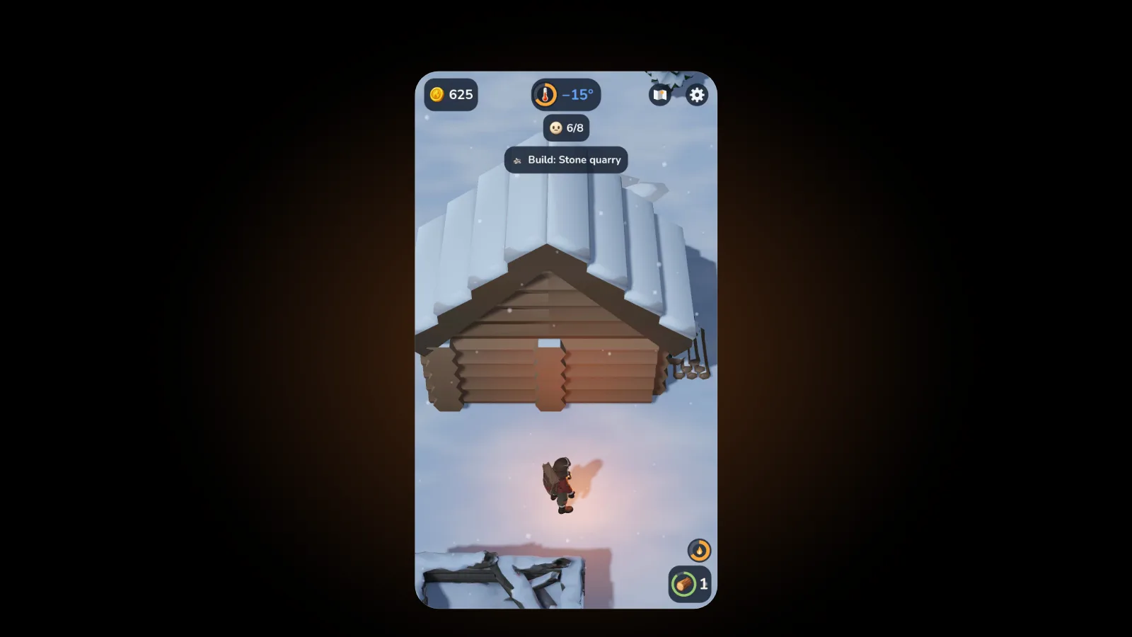 The EmberFrost play screen: 625 coins, minus 15 degrees, a straight-faced morale icon beside 6/8 villagers and the goal Build: Stone quarry, above a snow-covered log cabin and the hero standing in the snow
