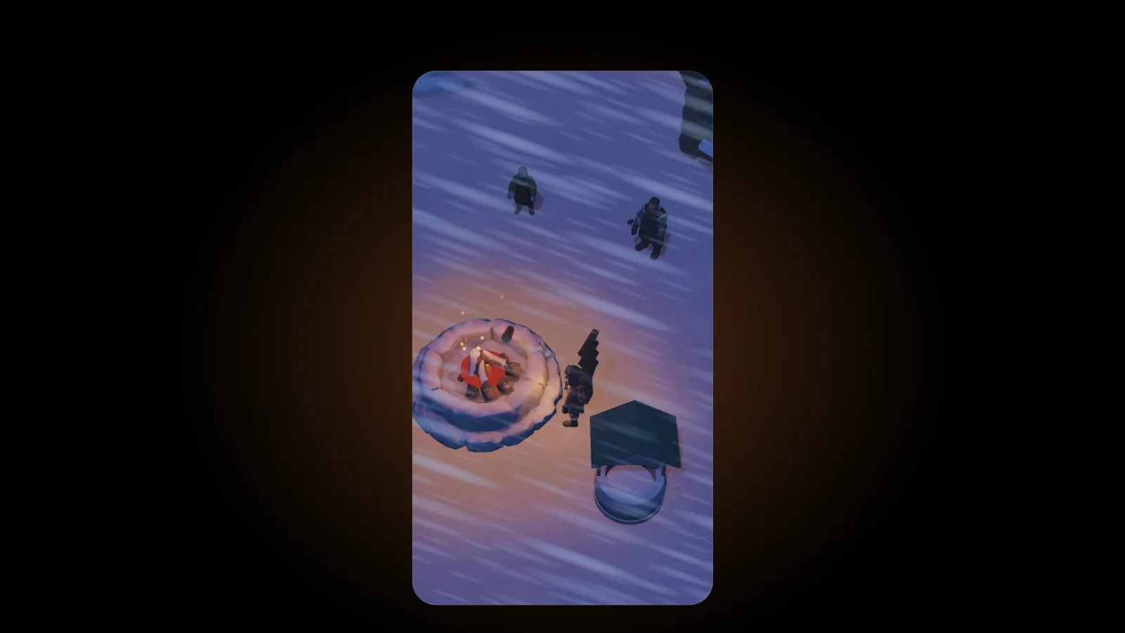 In EmberFrost, the hero stands beside the burning stone fire pit while a snowstorm blows streaks of snow across the village and two villagers stand further back in the snow