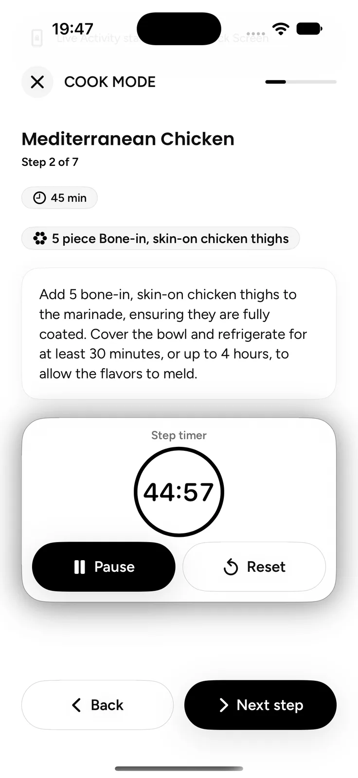 Plate's Cook Mode on step 2 of 7 of a Mediterranean Chicken recipe: add 5 bone-in, skin-on chicken thighs to the marinade and refrigerate for at least 30 minutes or up to 4 hours, with a 45-minute step timer at 44:57 above large Back and Next step buttons