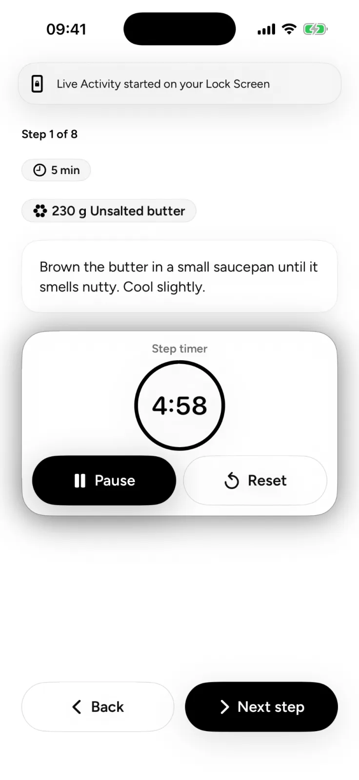 Plate's Cook Mode on step 1 of 8: brown 230 g unsalted butter in a small saucepan until it smells nutty, with a 5-minute step timer at 4:58 under a banner reading Live Activity started on your Lock Screen