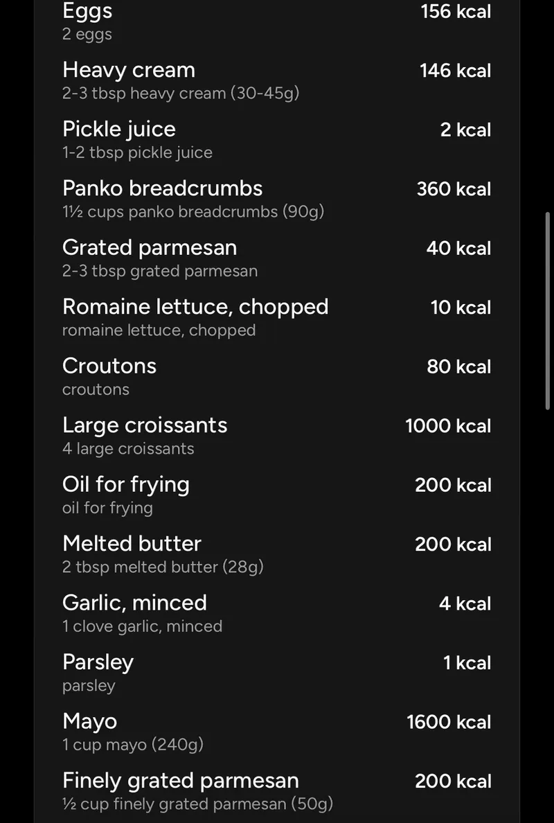 A Plate ingredient list in dark mode with calories beside each item, including 2 eggs at 156 kcal, panko breadcrumbs at 360 kcal, 4 large croissants at 1000 kcal and 1 cup of mayo at 1600 kcal