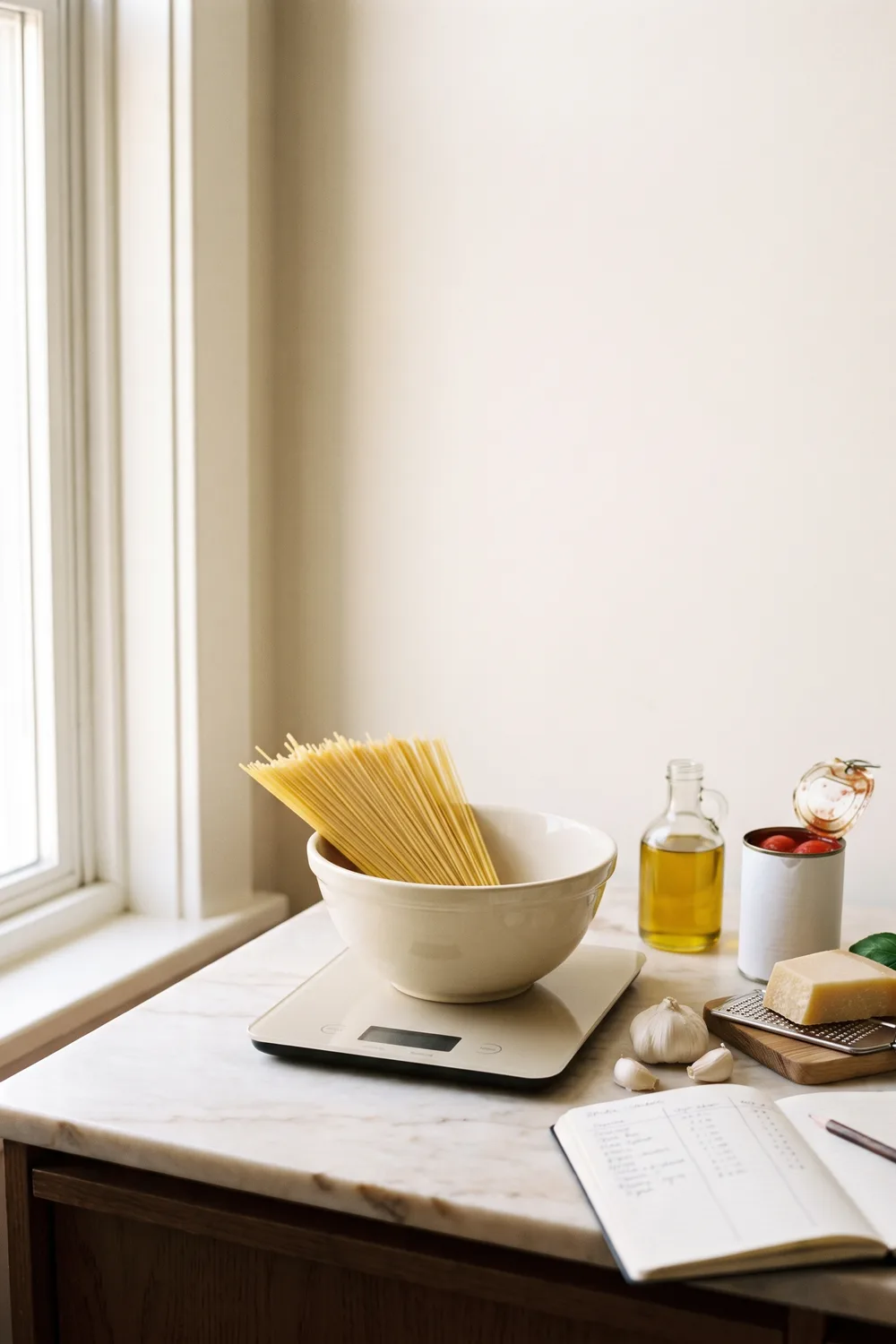 A bowl of dry spaghetti on a digital kitchen scale on a marble counter, beside olive oil, an open can of tomatoes, garlic, parmesan on a grater and an open notebook
