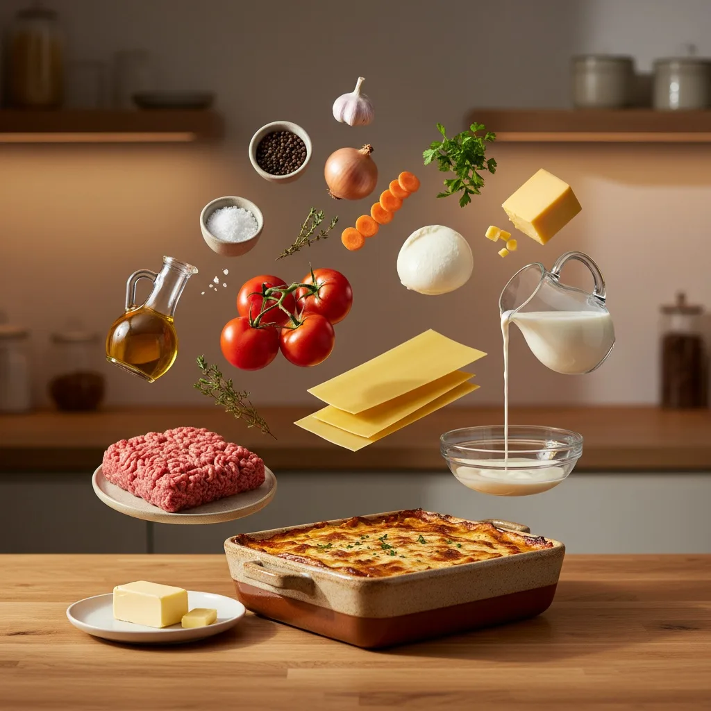 The ingredients of a lasagna floating apart above a wooden counter: ground meat on a plate, tomatoes on the vine, lasagna sheets, a white ball of cheese, a block of yellow cheese, an onion, garlic, carrot slices, herbs, olive oil and milk pouring into a glass bowl, with the baked lasagna in a ceramic dish below