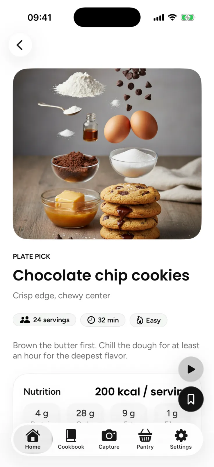 A Plate recipe for chocolate chip cookies with ingredients floating above a stack of cookies, tagged 24 servings, 32 min and Easy, with a nutrition card reading 200 kcal per serving