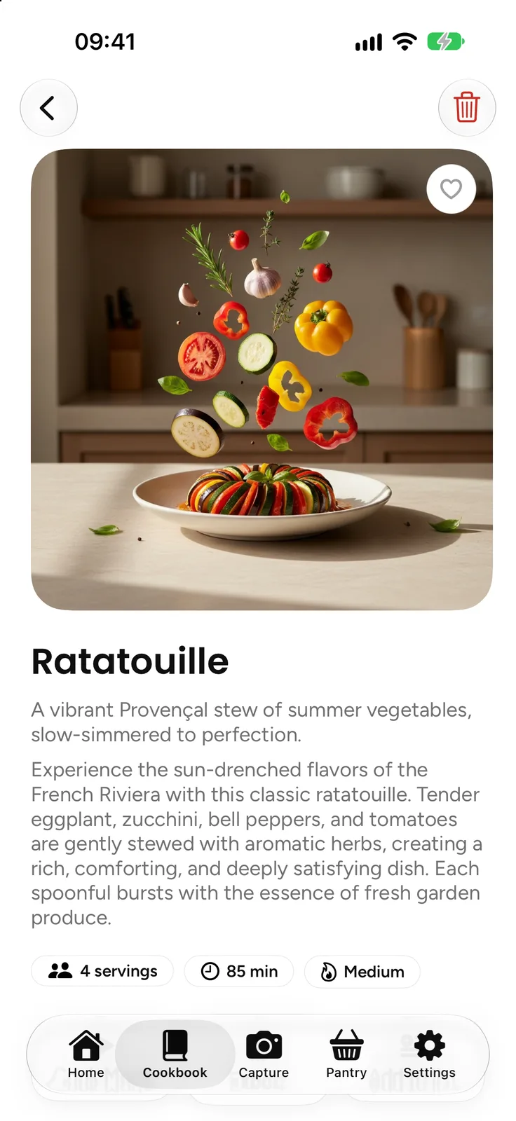 A Plate recipe page for Ratatouille with a teardown image of vegetables and herbs floating above the dish, a short description, and chips for 4 servings, 85 min and Medium