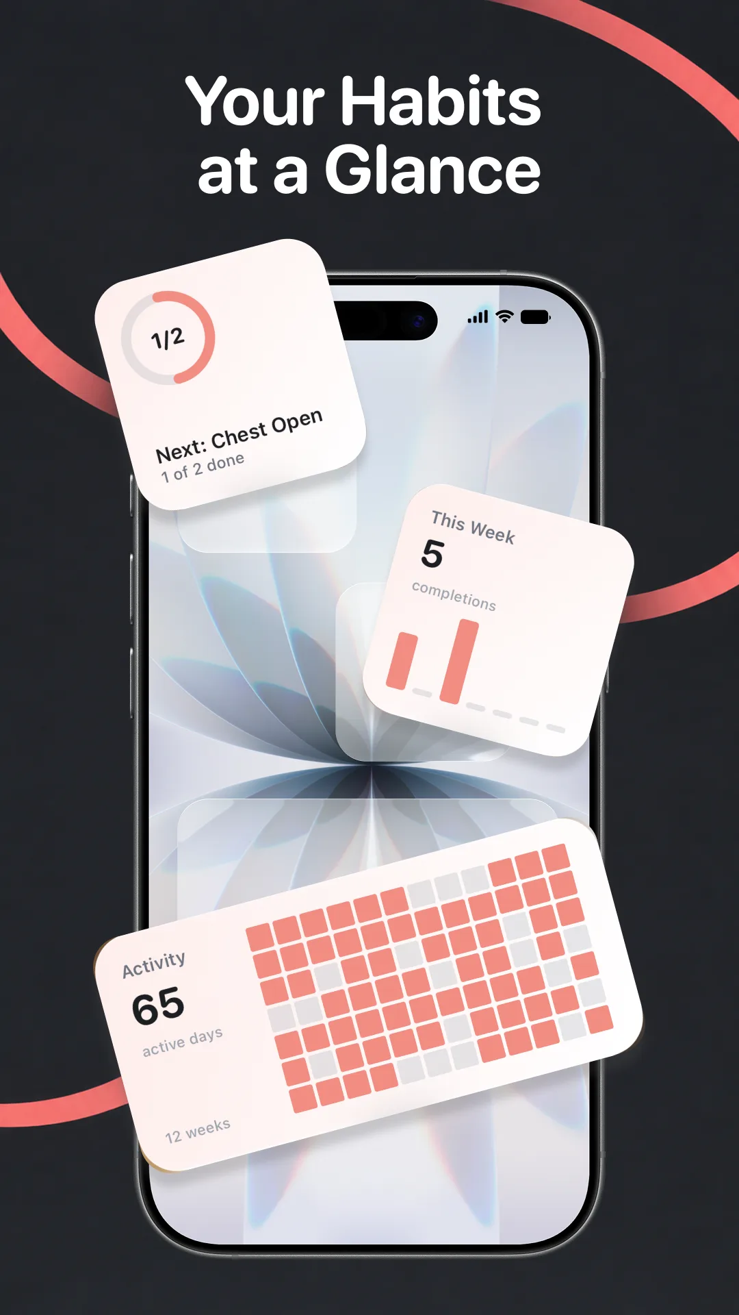 Postura Home Screen widgets on an iPhone: a ring at 1 of 2 with Next: Chest Open, This Week with 5 completions, and an Activity grid with 65 active days