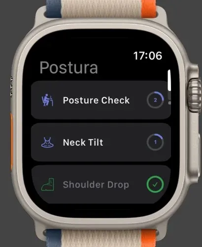 Postura on Apple Watch listing Posture Check and Neck Tilt with progress rings, and Shoulder Drop marked complete with a green check