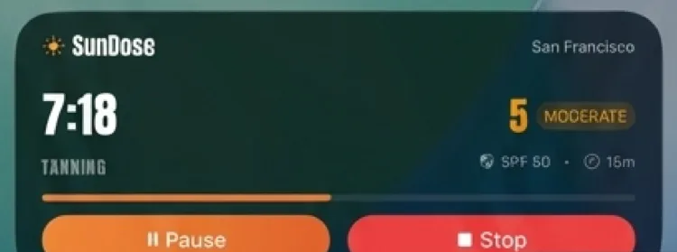 SunDose Live Activity panel showing a 7:18 timer labeled Tanning, UV 5 Moderate, SPF 50 and 15m, with an orange progress bar and Pause and Stop buttons