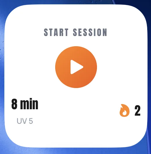 SunDose Start Session widget with an orange play button, 8 min above UV 5 on the left and a flame icon with the number 2 on the right