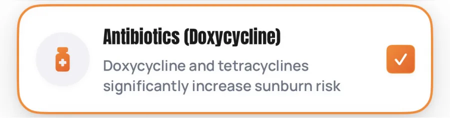 SunDose sensitivity row titled Antibiotics (Doxycycline), described as doxycycline and tetracyclines significantly increase sunburn risk, with an orange ticked checkbox
