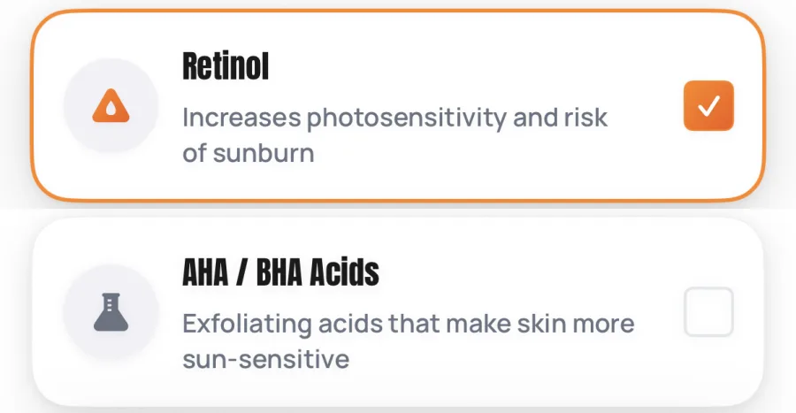 Two SunDose sensitivity rows: Retinol, described as increases photosensitivity and risk of sunburn, with a ticked checkbox, and AHA / BHA Acids, described as exfoliating acids that make skin more sun-sensitive, unticked