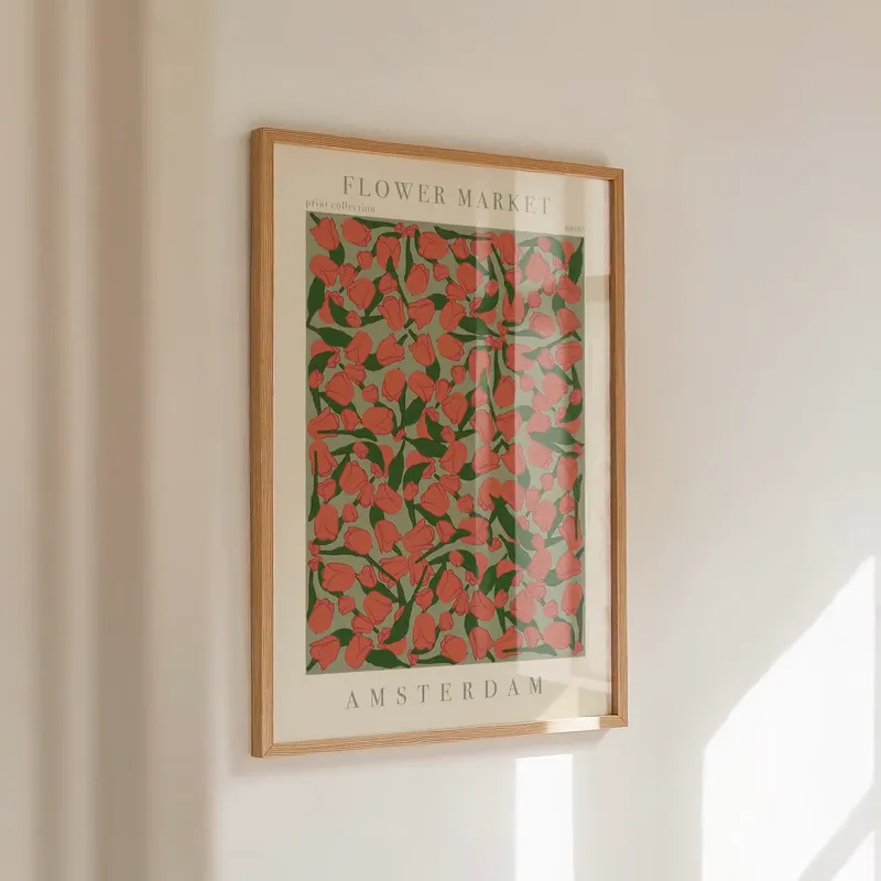 Amsterdam Flower Market Print: Red tulips and long green leaves on pale sage, framed