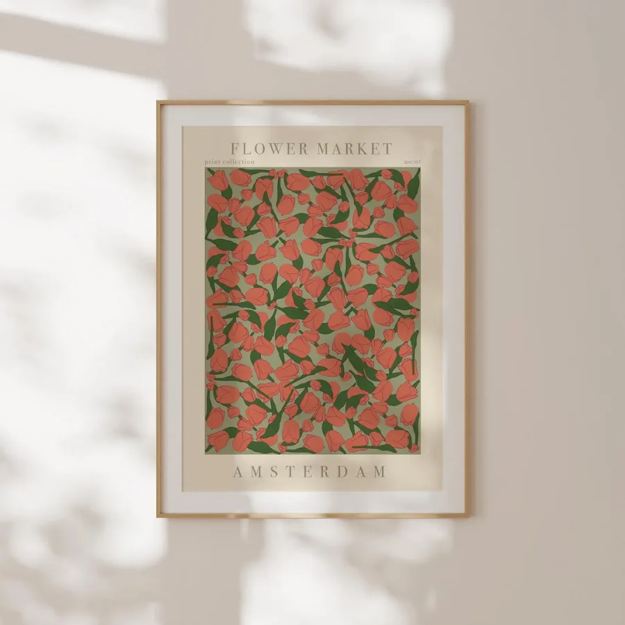 Amsterdam Flower Market Print: Red tulips and long green leaves on pale sage, framed