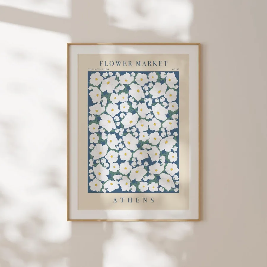 Athens Flower Market Print: White poppy-like flowers with yellow centres on slate blue, framed