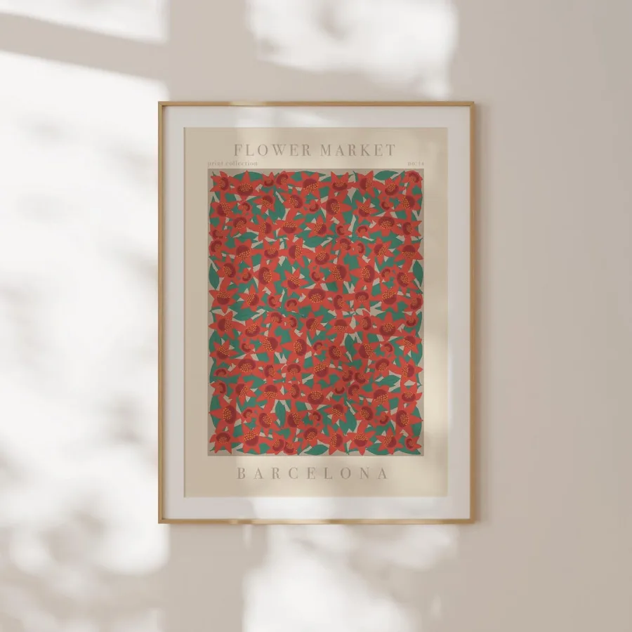 Barcelona Flower Market Print: Dense red blossoms on deep teal, framed