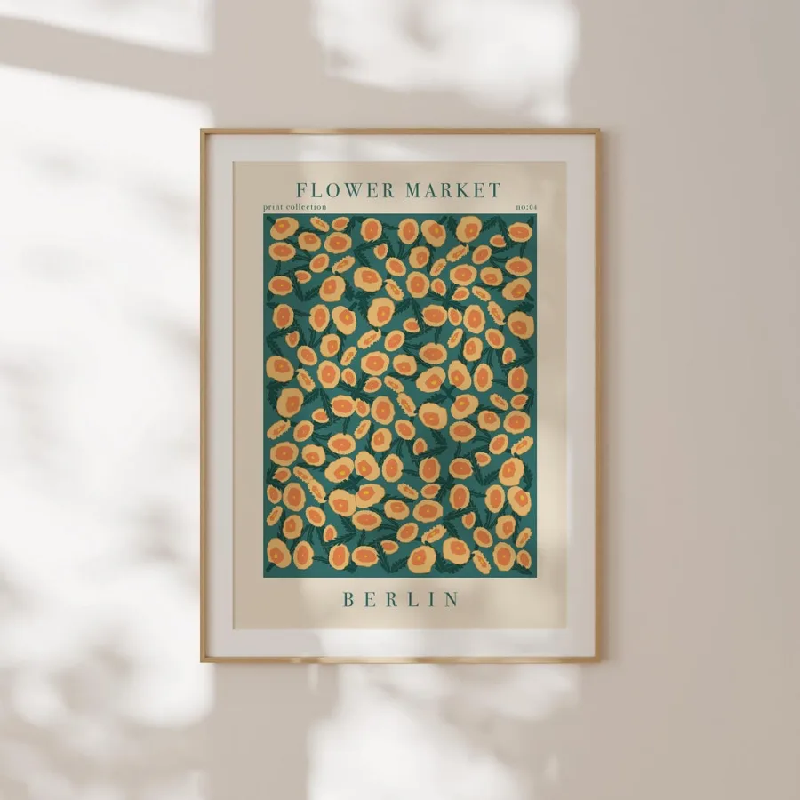 Berlin Flower Market Print: Golden-orange blooms on dark green, framed