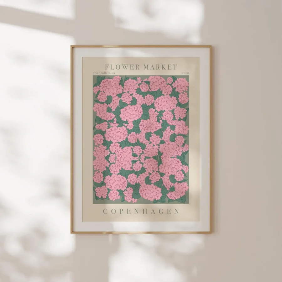 Copenhagen Flower Market Print: Clusters of pink hydrangea-like blooms on green, framed
