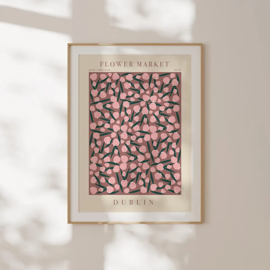 Dublin Flower Market Print: Pink petals and dark stems on muted rose, framed