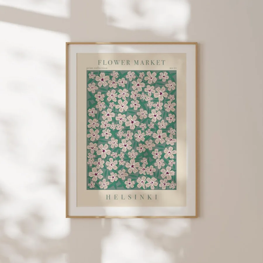 Helsinki Flower Market Print: Pale pink five-petal flowers with dark centres on green, framed