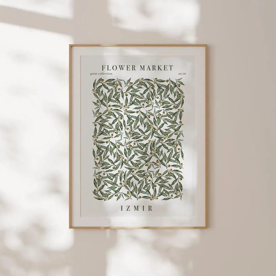 Izmir Flower Market Print: Olive branches with small fruit on white, framed