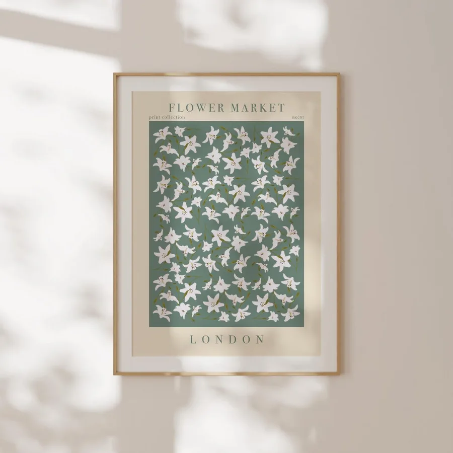 London Flower Market Print: White lilies on soft sage green, framed