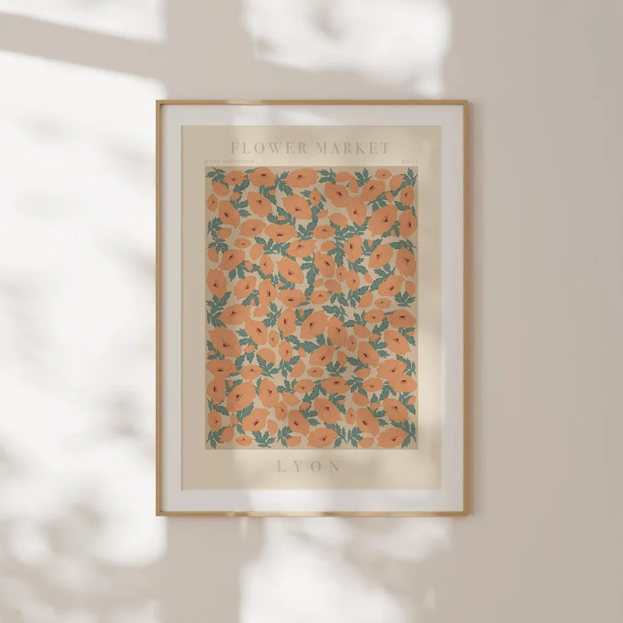 Lyon Flower Market Print: Orange blooms with blue-green leaves on cream, framed