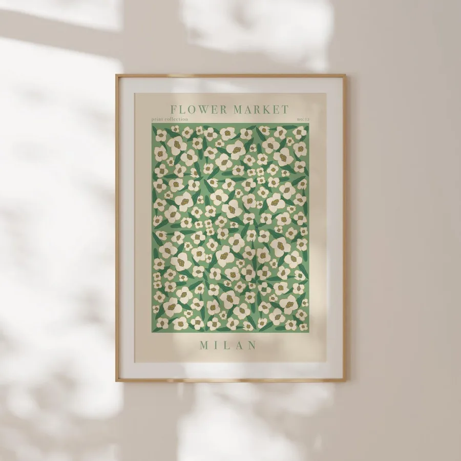Milan Flower Market Print: Cream blossoms on deep green, framed