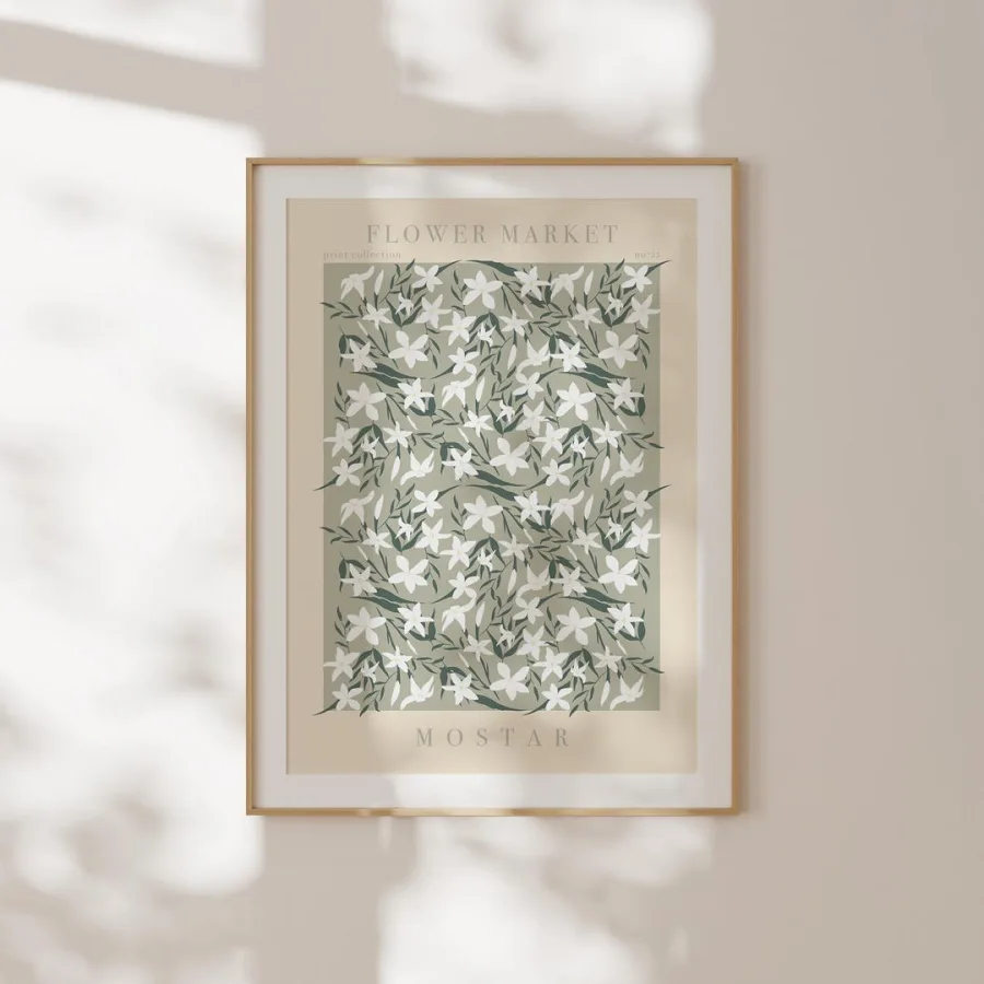Mostar Flower Market Print: White star-shaped flowers on pale grey-green, framed