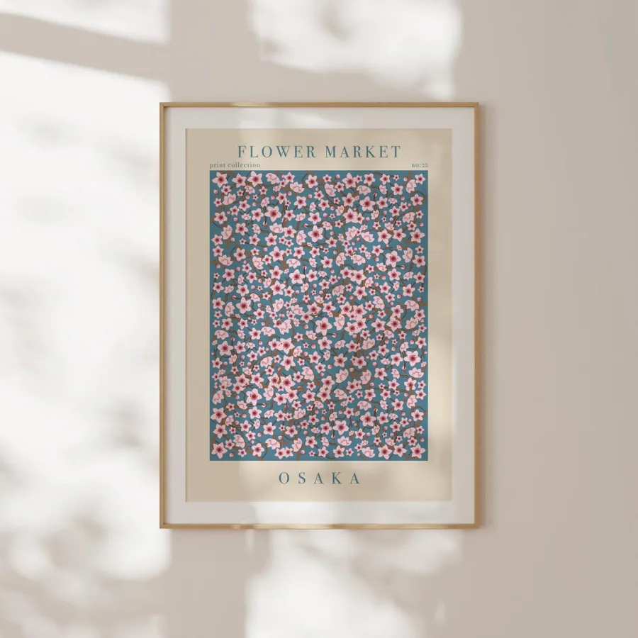 Osaka Flower Market Print: Tiny pink-and-white cherry blossoms on dusty blue, framed